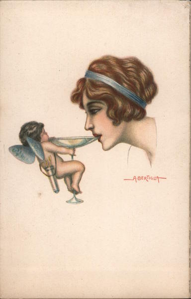 Angel Feeding Woman Champagne A. Bertiglia Artist Signed