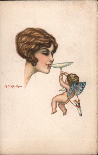 Cupid Serving Lady Champagne A. Bertiglia Artist Signed