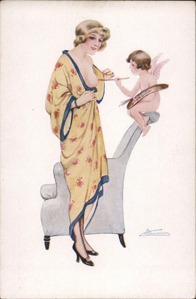 Le rose du seins - A cherub painting a woman's exposed nipple