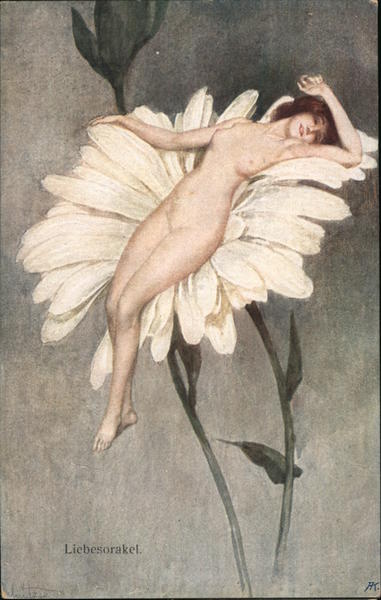 Liebesorakel Nude woman lying back in relaxation, on a white flower