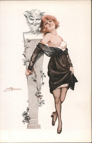 Partly nude woman embracing a bust of a satyr Suzanne Meunier