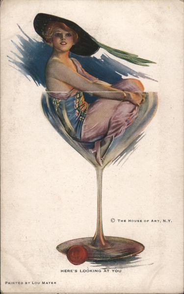 Here's Looking at You - Beautiful lady in fancy dress and hat, sitting in oversized glass