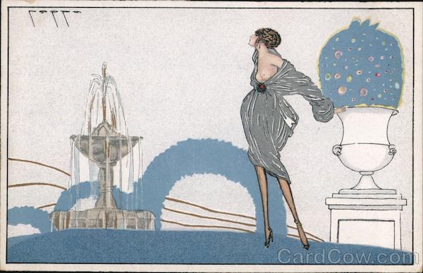 Deco Stylized fountain art scene, woman posing with one breast exposed