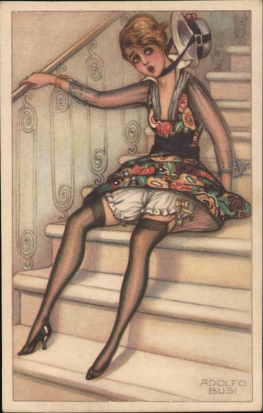 Embarrassed woman on stairs, visible bloomers, hat flying off