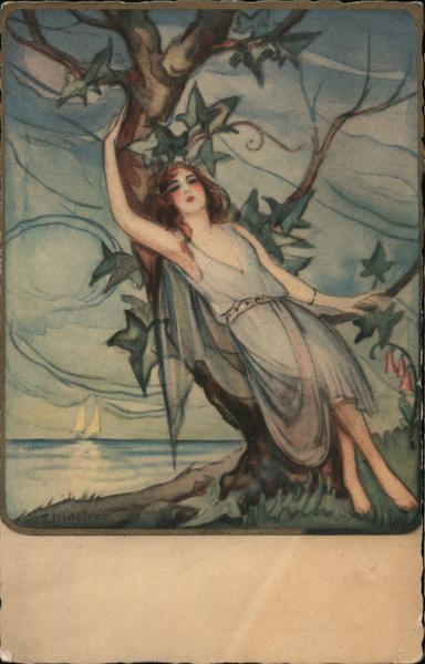 Barefoot woman in lovely gown reclines against a tree, with sailboat in distance