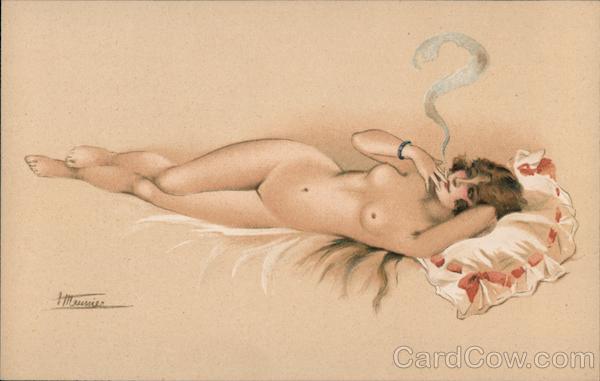 En Costume d'Eve - Nude woman lounging on bed, smoking cigarette