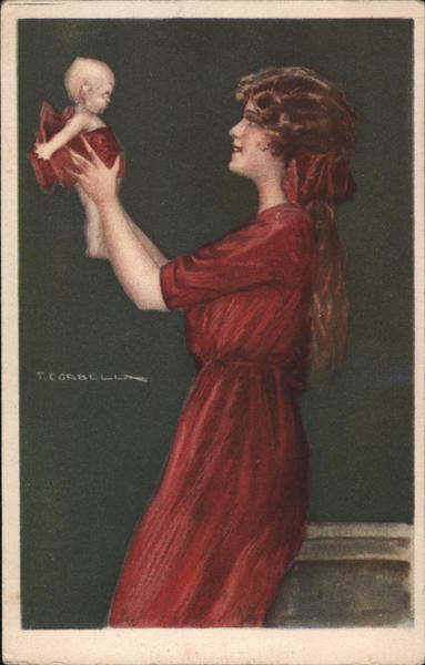 Smiling woman in deep red gown holds baby in red ribbon high in the air