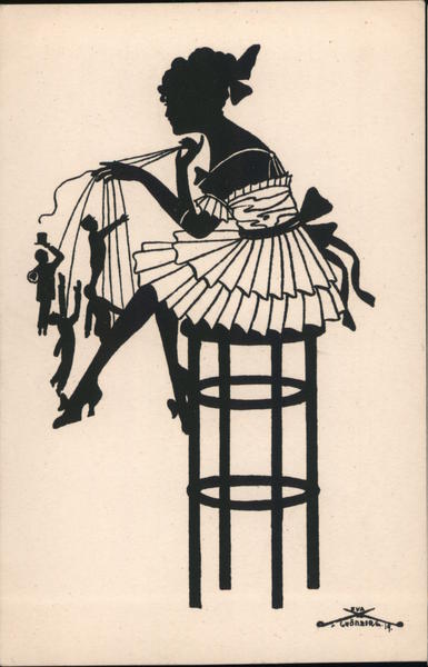 Silhouette of woman holding silhouette marionettes of little men