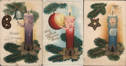 Set of 3: Fantasy Anthropomorphic Christmas Candles Postcard