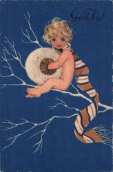God Jut Nude baby on white winter branch with a scarf wrapped around neck Postcard