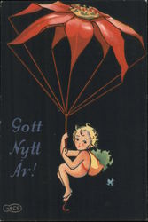 Gott Nytt Ar! - Girl elf using red flower as a parachute Postcard