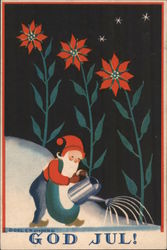 God Jul Santa watering poinsettias Postcard