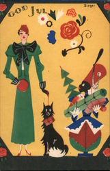 Deco Wealthy woman with cat and black servant Postcard