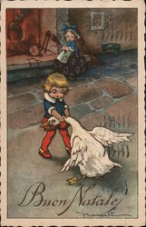 Buon Natale [Merry Christmas] - Little boy wringing a goose's neck while girl looks on Postcard
