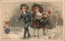 A Happy Christmas- Three children in the snow. John Winsch Postcard Postcard Postcard