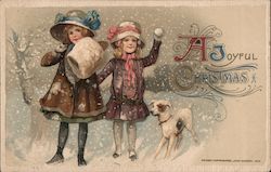 A Joyful Christmas - Two Girls and a Dog in the Snow Postcard