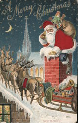 A Merry Christmas - Santa with toys going down chimney Postcard
