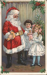 Christmas Greetings Santa giving gifts to two young girls Postcard