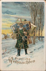 Santa in Green Carrying Packages Through the Snow Postcard