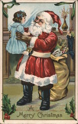 A Merry Christmas - Santa Holding a Doll Postcard