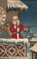 Merry Christmas: Santa blows a trumpet while standing on a balcony Santa Claus Postcard Postcard Postcard