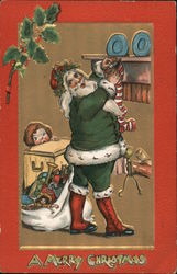 A Merry Christmas - Santa Filling a Stocking Postcard
