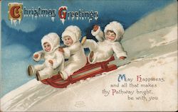 Christmas Greetings - Children Riding Sled Postcard