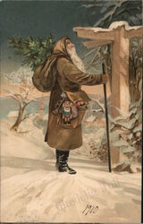 Christmas - Brown Santa in snow landscape at guidepost Postcard