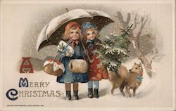 A Merry Christmas - Two Girls Under an Umbrella Postcard
