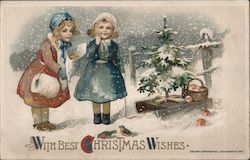 With Best Christmas Wishes Girls Snow Christmas Tree Postcard