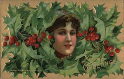 XMas Greetings - woman's face in a holly bouquet Postcard