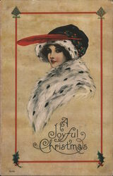 Woman Ermine Feathered Hat A Joyful Christmas Postcard