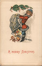 A Merry Christmas An elf with Santa's bag of toys. Postcard