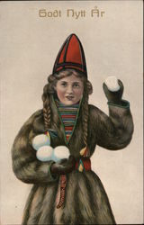 A Girl in a Fur Coat Holding Snowballs Postcard