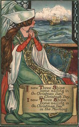 I saw Three Ships come sailing in On Christmas Day . . . Medieval woman looking at ships in the sea Postcard