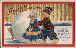 Two Dutch Children Making Snowball: Merry Christmas Postcard