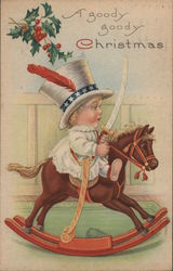A goody goody Christmas. Boy riding on rocking horse with a sword and a feather in his hat. Postcard