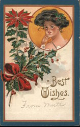 Best Wishes - Woman's Face with Poinsettia and Holly Postcard