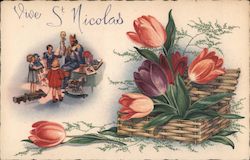 Vive St Nicolas - Saint Nicolas surrounded by children and with flowers on the side Postcard