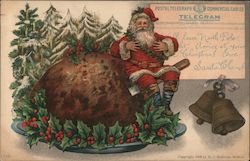 Postal Telegraph - Commercial Cables - Telegram - Santa sitting on knife inserted into plum pudding Postcard