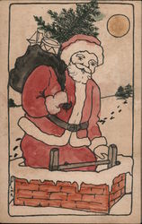 Hand Colored Santa with bag of toys going down chimney Postcard