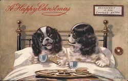 A Happy Christmas - Breakfast in Bed Charged Extra - 2 dogs eating breakfast in bed Postcard Postcard Postcard