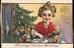 Loving Christmas Wishes - girl with dolls by Christmas tree Postcard