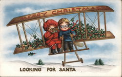 Merry Christmas Looking for Santa. Two children in an airplane. Postcard