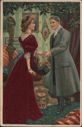 Woman Man Meeting Shaking Hands Holly A Happy New Year Postcard