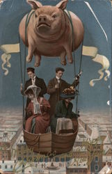 Couples in Flying Basket with Pig Balloon: Happy New Year Postcard