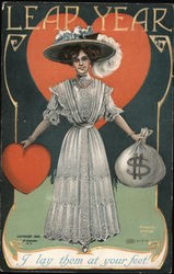 Leap Year - I lay them at you feet! - Woman holding a heart in one hand and a money bag in the other Postcard