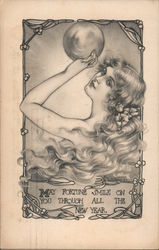 May Fortune Smile Onn You Through All The New Year.-Woman holding a ball. Postcard