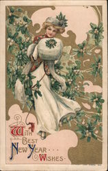 With Best New Year Wishes - beautiful woman in a long white dress holding a white fur muff Postcard