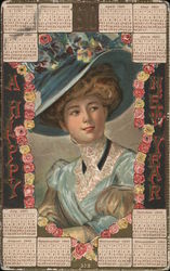 Happy New Year - 1910 calendar - drawing of woman in fancy hat and dress Postcard